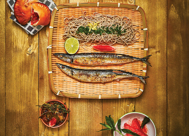 Grilled Sanma with Cold Soba and Watermelon and Mint Salad